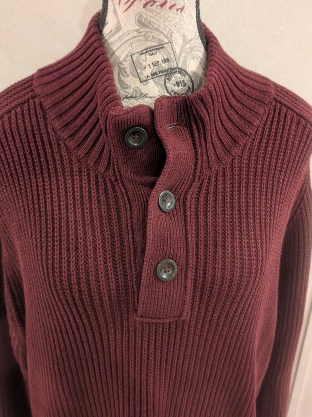 American Eagle Men's Henley Sweater XXL 100% Cotton Burgundy Maroon Ribbed - Picture 4 of 8